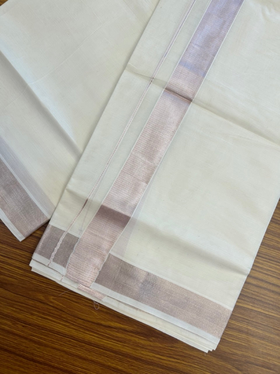 20% DISCOUNT!! KaithariKada Balaramapuram DOUBLE OFF WHITE - (Ubleached) Mundu/Dhoti - Cotton mix - 80s - 1.5 inch Light Rose Pink kasavu Kara 4 mtr (8.5 Muzham) - 39 KK5284 PMC