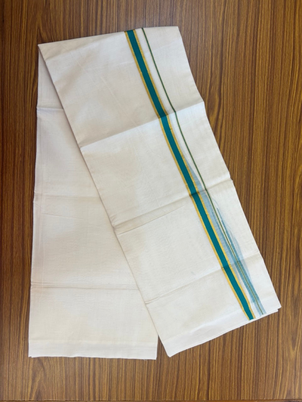 20% Discount ! Kaitharikada Balaramapuram 100% Pure Cotton Double Off white (Unbleached) Mundu/Dhoti - 100x80 - 0.75 inch Gold Kasav & Persian Green Shaded Chutty Kara - 23 KK5283 PMC