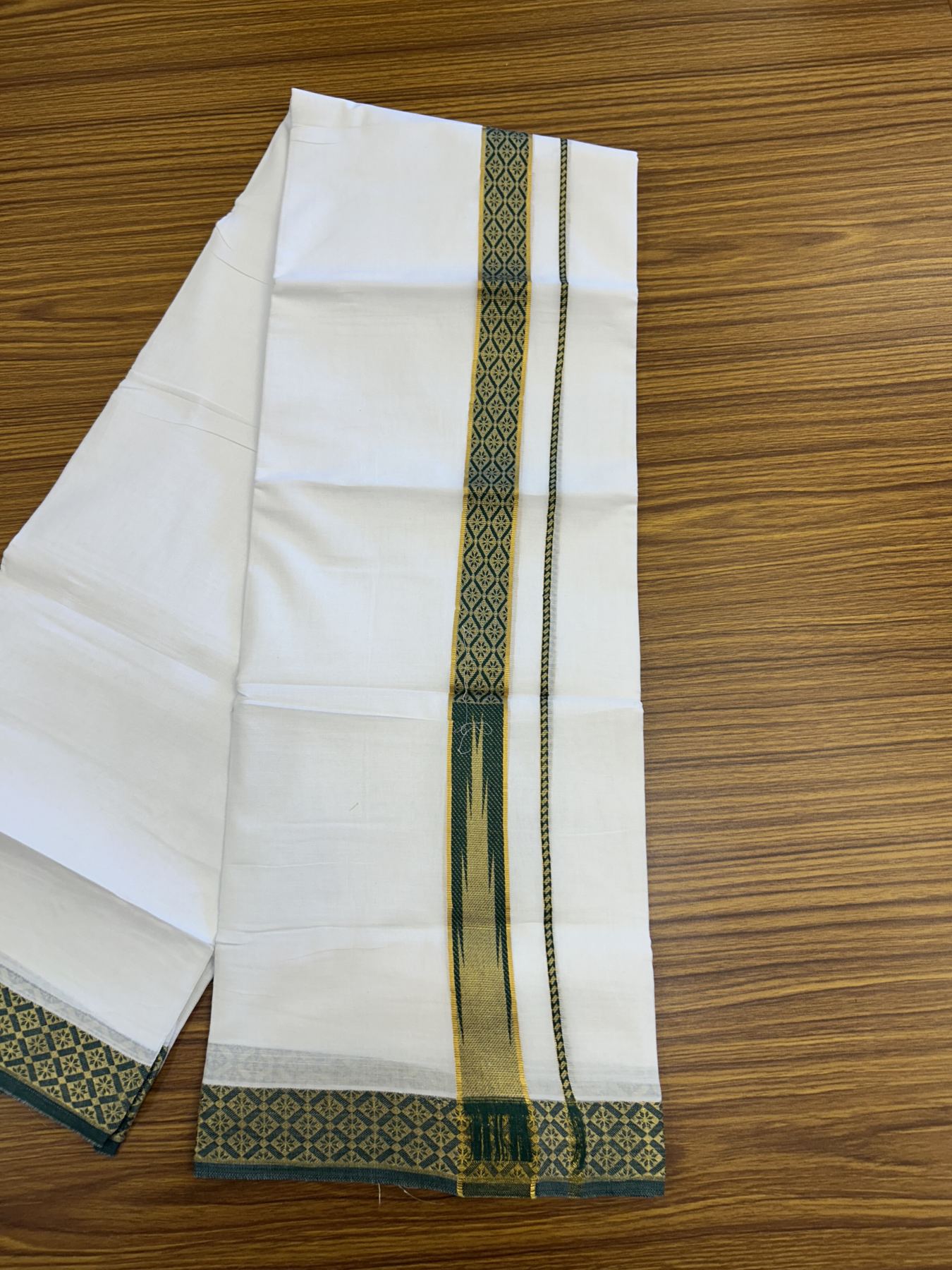20% Discount ! KaithariKada Balaramapuram 100% Pure Cotton Double Pure White Mundu/Dhoti - 100x80 - 1.25 inch Puliyilakkara Gold Kasav & Green Jacquard Design Chutty kara 3.90 mtr (8 Muzham) - 16 KK5321 CJT
