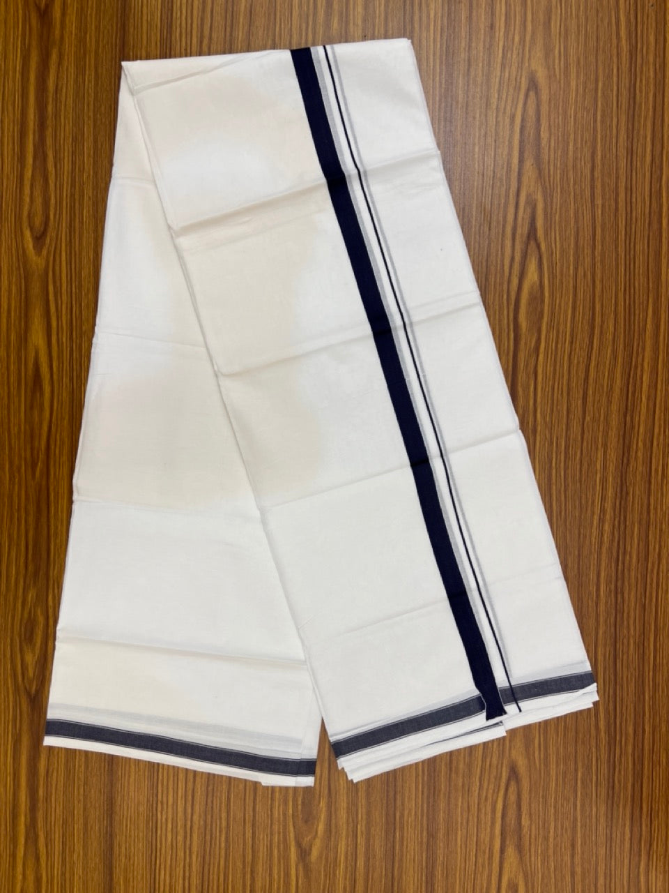 5% Discount! KaithariKada Balaramapuram 100% Cotton Double Pure white Mundu/Dhoti- 100x100 - 0.75 inch Puliyilakkara Navy Blue One Side Chutty Kara - 3.90 mtr (8 muzham)  - 51 KK5279 CKS