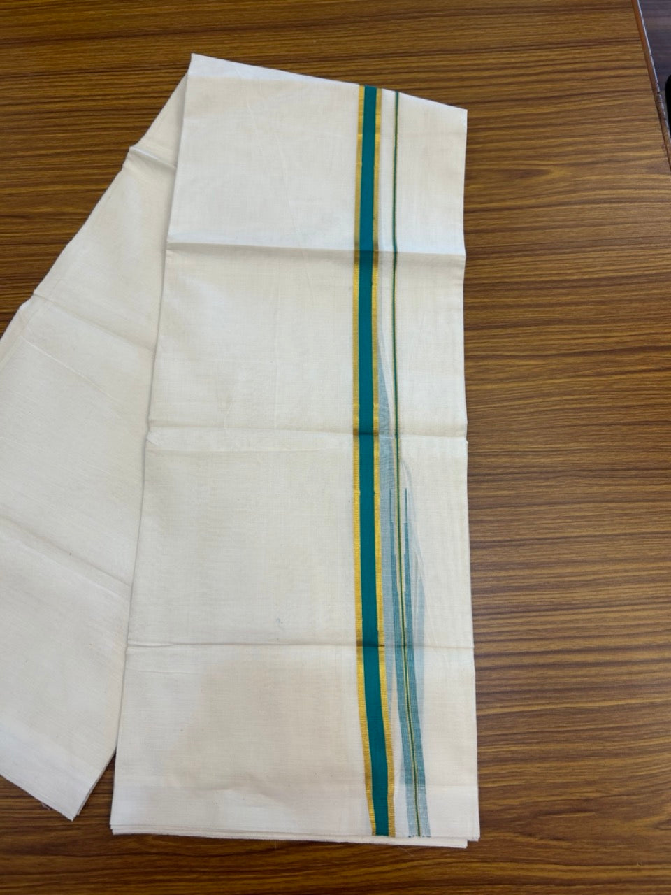 20% Discount ! Kaitharikada Balaramapuram 100% Pure Cotton Double Off white (Unbleached) Mundu/Dhoti - 100x80 - 0.75 inch Gold Kasav & Persian Green Shaded Chutty Kara - 23 KK5283 PMC