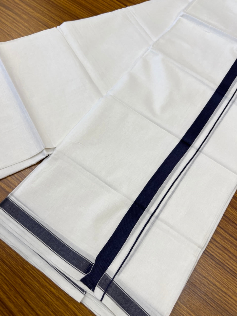 5% Discount! KaithariKada Balaramapuram 100% Cotton Double Pure white Mundu/Dhoti- 100x100 - 0.75 inch Puliyilakkara Navy Blue One Side Chutty Kara - 3.90 mtr (8 muzham)  - 51 KK5279 CKS