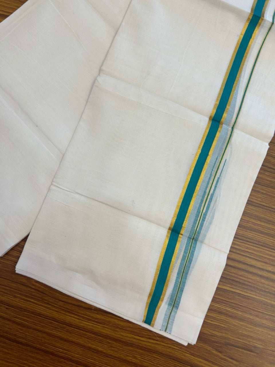 20% Discount ! Kaitharikada Balaramapuram 100% Pure Cotton Double Off white (Unbleached) Mundu/Dhoti - 100x80 - 0.75 inch Gold Kasav & Persian Green Shaded Chutty Kara - 23 KK5283 PMC