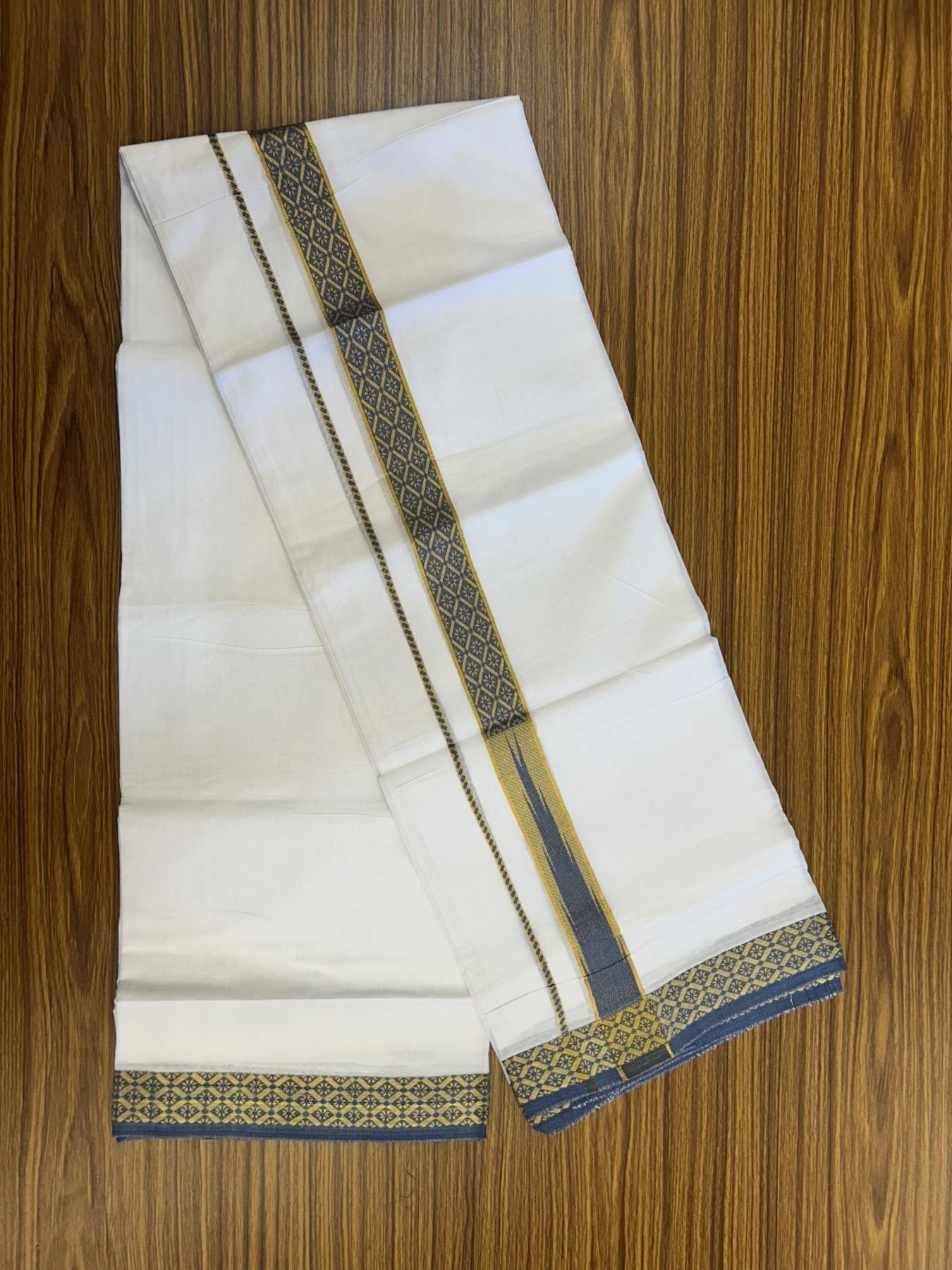 20% Discount ! KaithariKada Balaramapuram 100% Pure Cotton Double Pure White Mundu/Dhoti - 100x80 - 1.25 inch Puliyilakkara Gold Kasav & Peacock Blue Jacquard Design Chutty kara 3.90 mtr (8 Muzham) - 20 KK5321 CJT