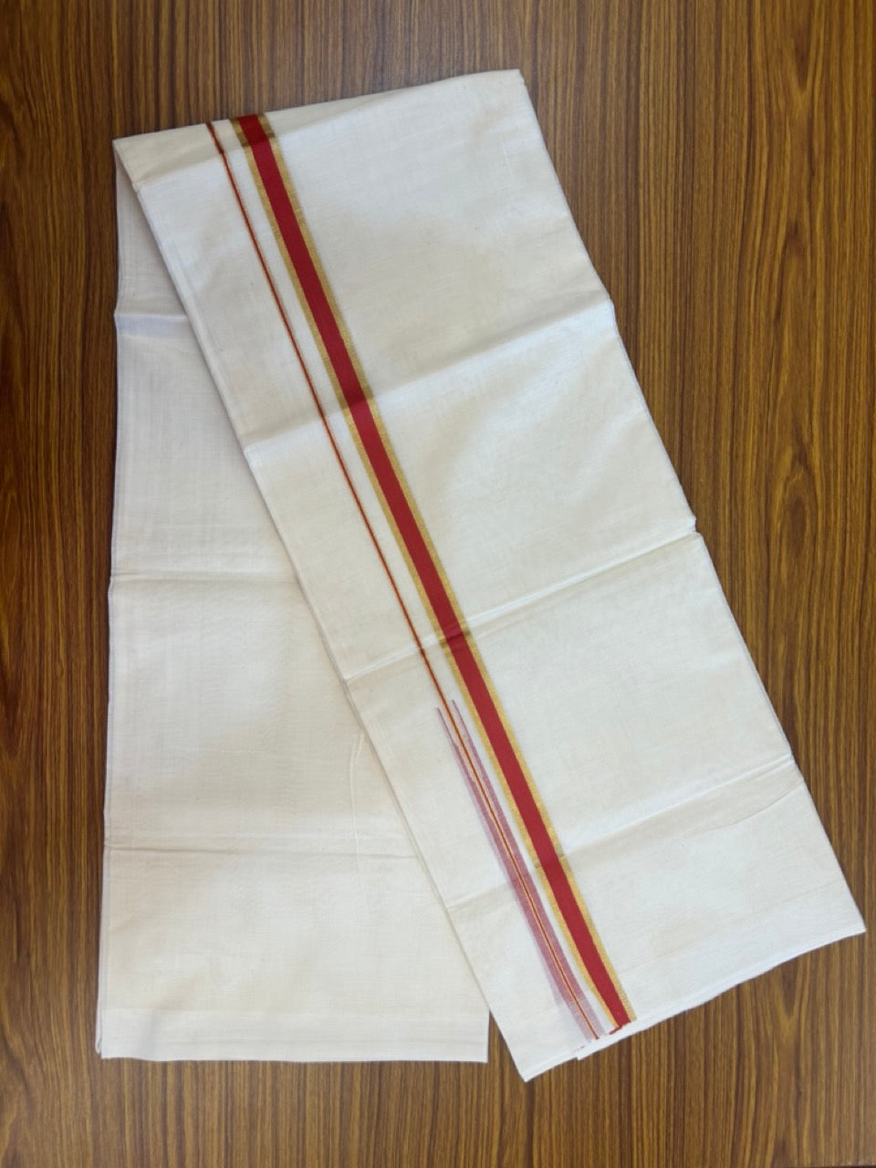 20% Discount ! Kaitharikada Balaramapuram 100% Pure Cotton Double Off white (Unbleached) Mundu/Dhoti - 100x80 - 0.75 inch Gold Kasav & Red Shaded Chutty Kara - 24 KK5283 PMC