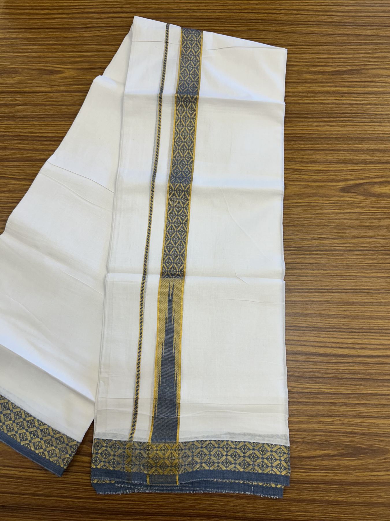 20% Discount ! KaithariKada Balaramapuram 100% Pure Cotton Double Pure White Mundu/Dhoti - 100x80 - 1.25 inch Puliyilakkara Gold Kasav & Peacock Blue Jacquard Design Chutty kara 3.90 mtr (8 Muzham) - 20 KK5321 CJT