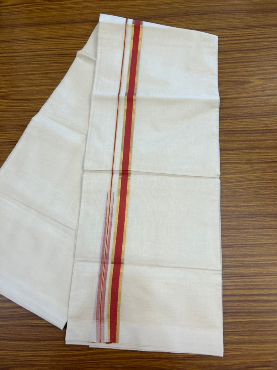 20% Discount ! Kaitharikada Balaramapuram 100% Pure Cotton Double Off white (Unbleached) Mundu/Dhoti - 100x80 - 0.75 inch Gold Kasav & Red Shaded Chutty Kara - 24 KK5283 PMC