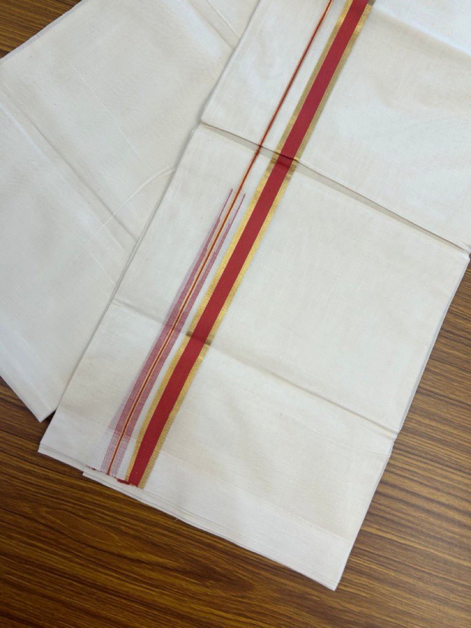 20% Discount ! Kaitharikada Balaramapuram 100% Pure Cotton Double Off white (Unbleached) Mundu/Dhoti - 100x80 - 0.75 inch Gold Kasav & Red Shaded Chutty Kara - 24 KK5283 PMC