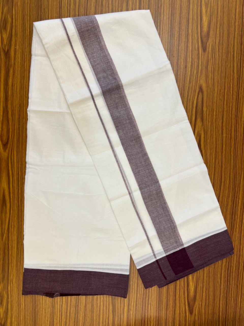 20% Discount! KaithariKada Balaramapuram 100% Cotton Double Pure white Mundu/Dhoti- 60s - 2.25 inch Wine Purple One Side Chutty kara - 3.90mtr ( 8 muzham) - 82 KK5279 CKS