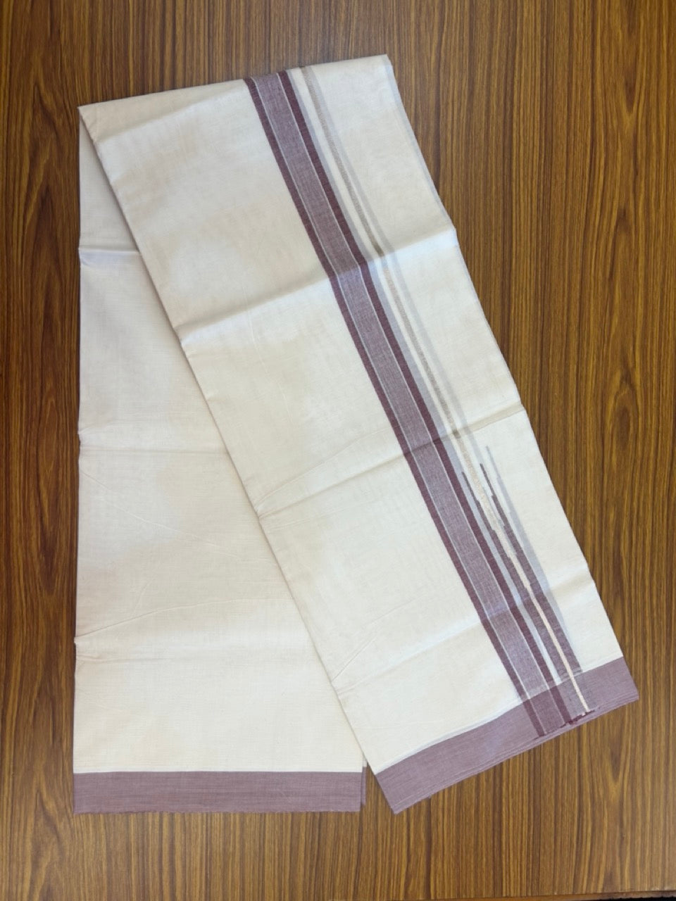 20% Discount ! Kaitharikada Balaramapuram 100% Pure Cotton Double Off white (Unbleached) Mundu/Dhoti - 100x80 - 1.25 inch Silver Kasav Light Maroon Shaded Stripes Chutty Kara 4 mtr (8.5 muzham) - 33 KK5283 PMC