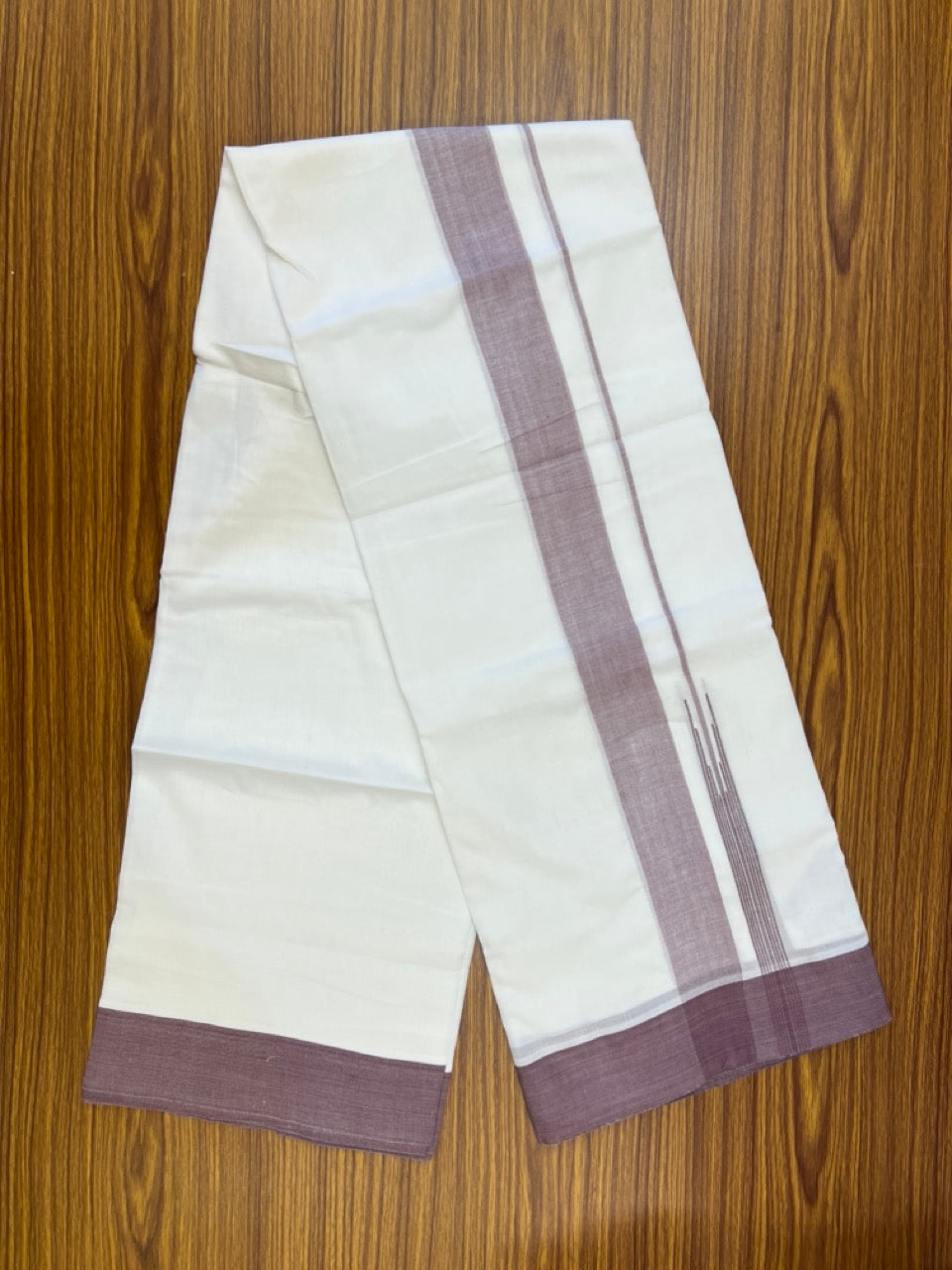 20% Discount! KaithariKada Balaramapuram 100% Cotton Double Pure white Mundu/Dhoti- 60s - 2.25 inch Dusty Purple One Side Chutty kara - 3.90mtr ( 8 muzham) - 81 KK5279 CKS