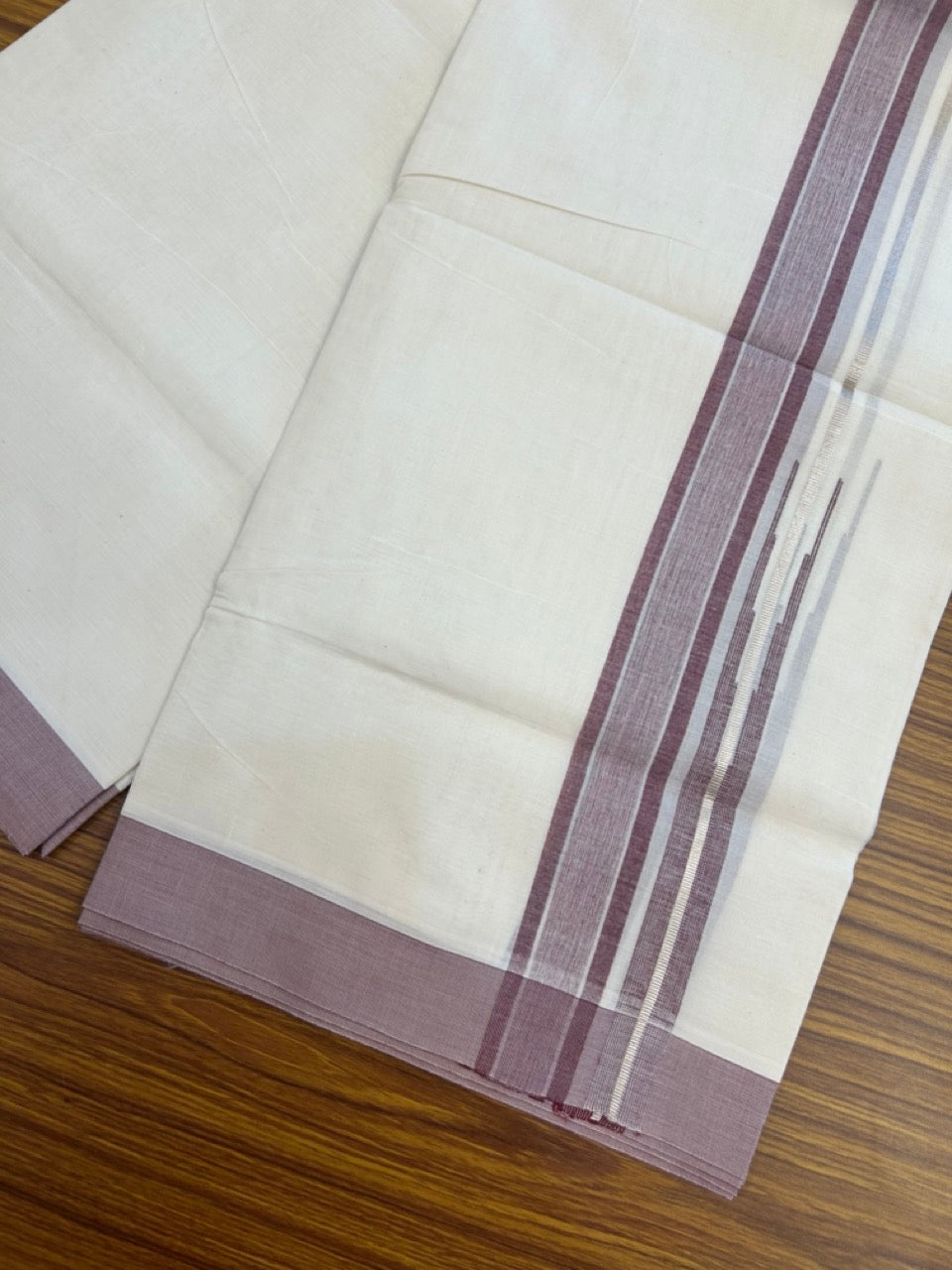20% Discount ! Kaitharikada Balaramapuram 100% Pure Cotton Double Off white (Unbleached) Mundu/Dhoti - 100x80 - 1.25 inch Silver Kasav Light Maroon Shaded Stripes Chutty Kara 4 mtr (8.5 muzham) - 33 KK5283 PMC