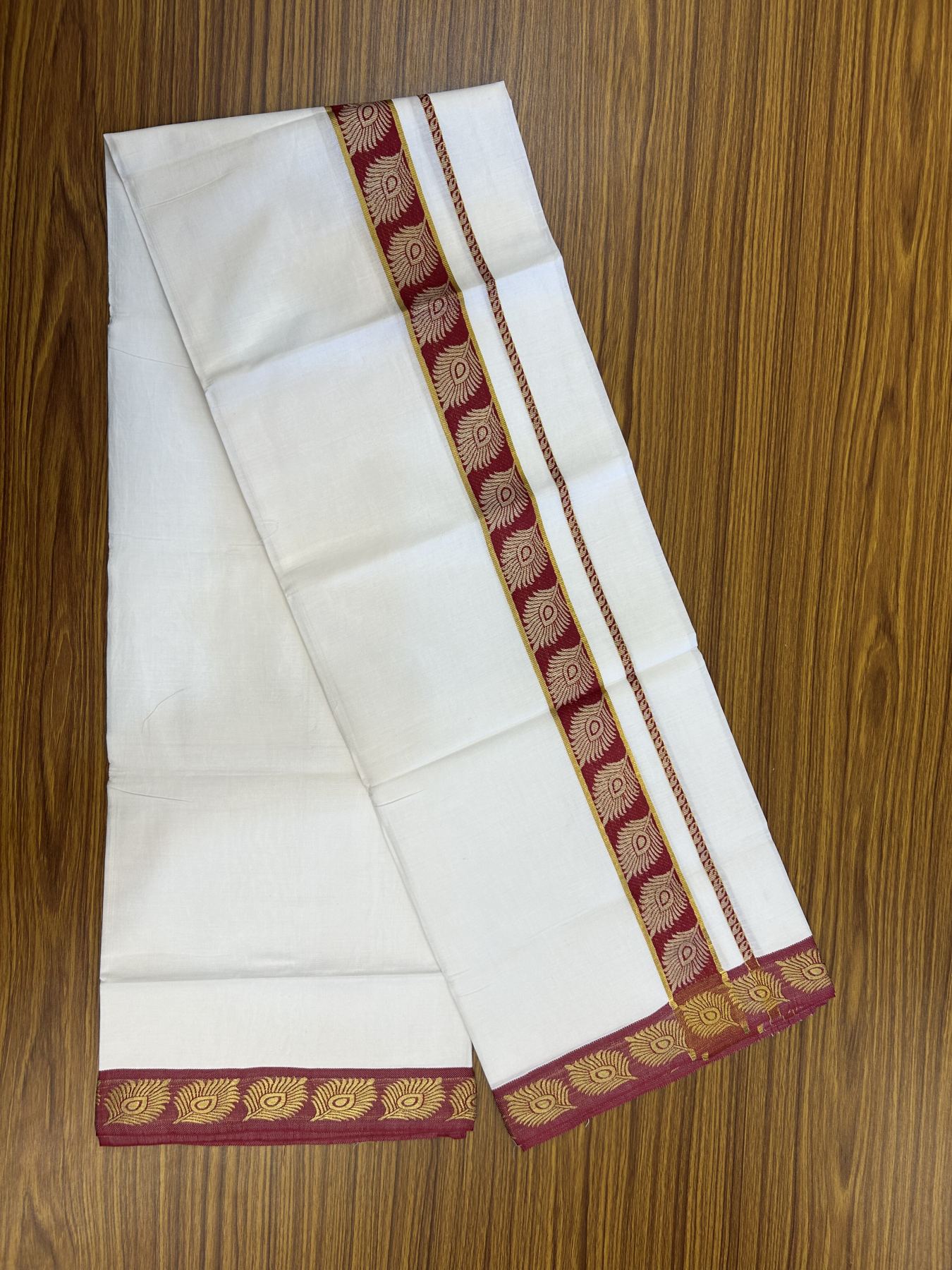 20% Discount ! KaithariKada Balaramapuram 100% Cotton Single Pure White Mundu/Dhoti - 30X70 - 1.5 inch Gold Kasav & Maroon Peacock Feather Jacquard Design kara 1.90 mtr (4 Muzham) - 2 KK5321 CJT