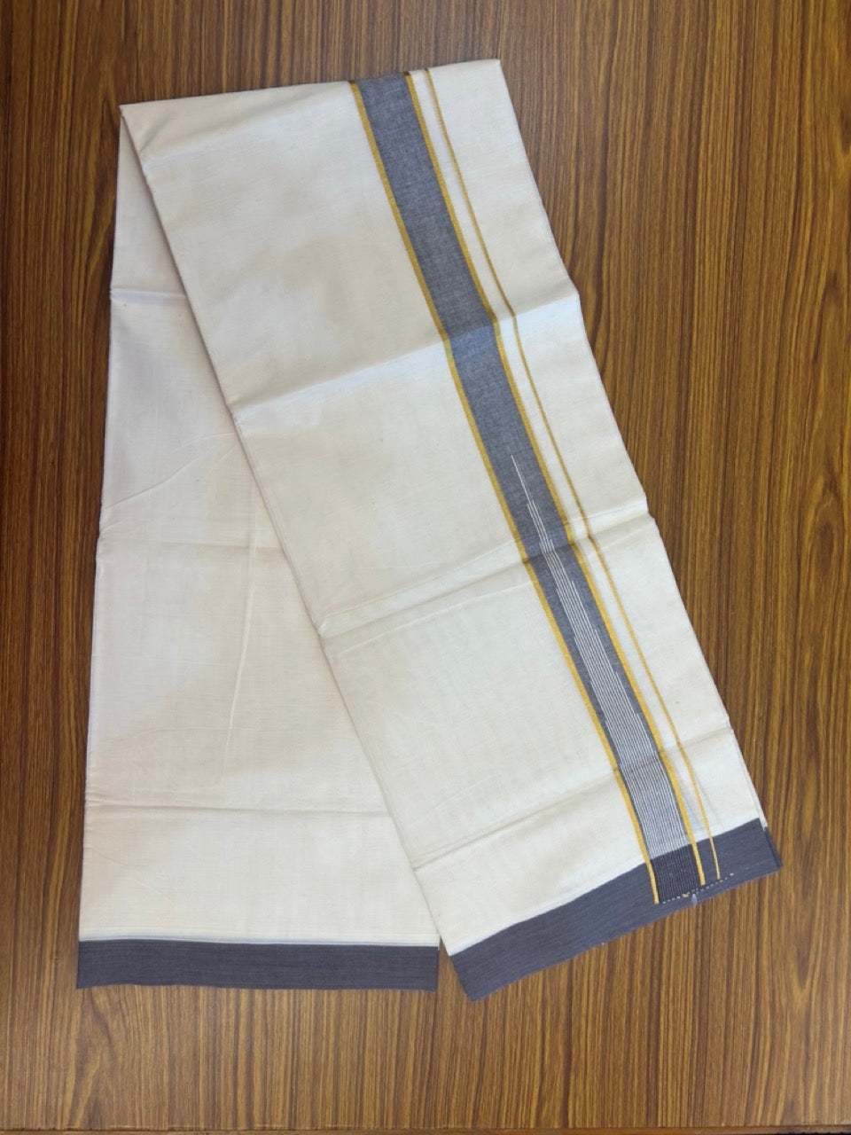 20% Discount ! Kaitharikada Balaramapuram 100% Pure Cotton Double Off white (Unbleached) Mundu/Dhoti - 100x80 - 1.5 inch Gold Kasav & Matte Purple Shaded Stripes Chutty Kara - 20 KK5283 PMC