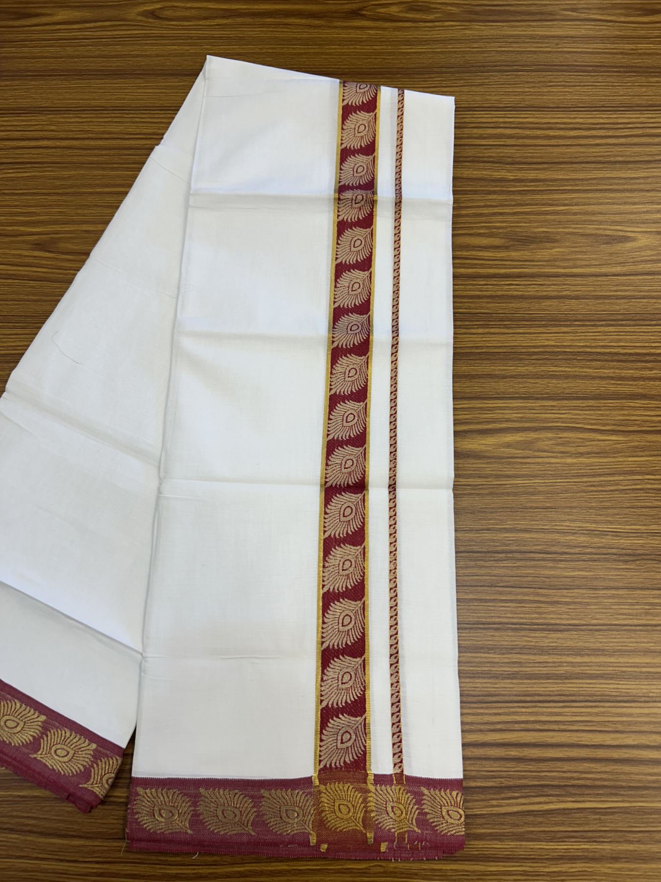 20% Discount ! KaithariKada Balaramapuram 100% Cotton Single Pure White Mundu/Dhoti - 30X70 - 1.5 inch Gold Kasav & Maroon Peacock Feather Jacquard Design kara 1.90 mtr (4 Muzham) - 2 KK5321 CJT