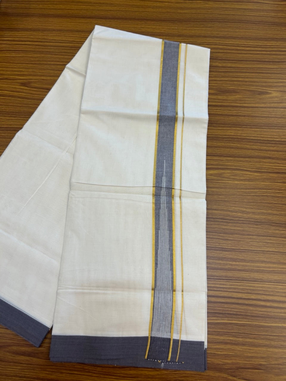 20% Discount ! Kaitharikada Balaramapuram 100% Pure Cotton Double Off white (Unbleached) Mundu/Dhoti - 100x80 - 1.5 inch Gold Kasav & Matte Purple Shaded Stripes Chutty Kara - 20 KK5283 PMC