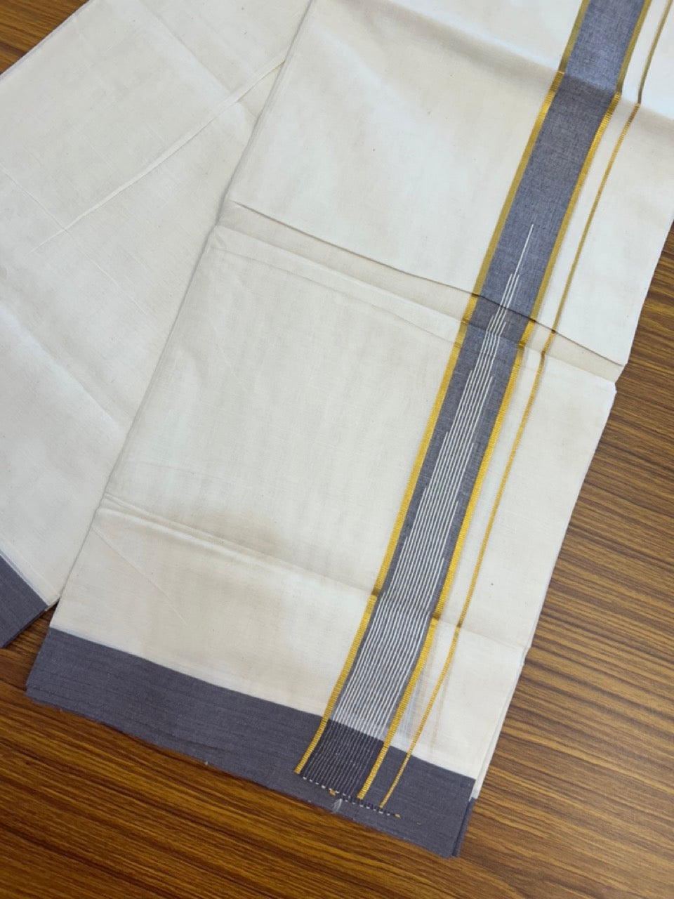 20% Discount ! Kaitharikada Balaramapuram 100% Pure Cotton Double Off white (Unbleached) Mundu/Dhoti - 100x80 - 1.5 inch Gold Kasav & Matte Purple Shaded Stripes Chutty Kara - 20 KK5283 PMC