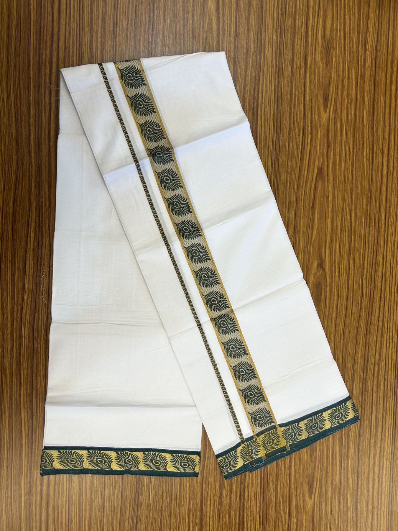 20% Discount ! KaithariKada Balaramapuram 100% Cotton Single Pure White Mundu/Dhoti - 30X70 - 1.5 inch Gold Kasav & Green Peacock Feather Jacquard Design kara 1.90 mtr (4 Muzham) - 3 KK5321 CJT