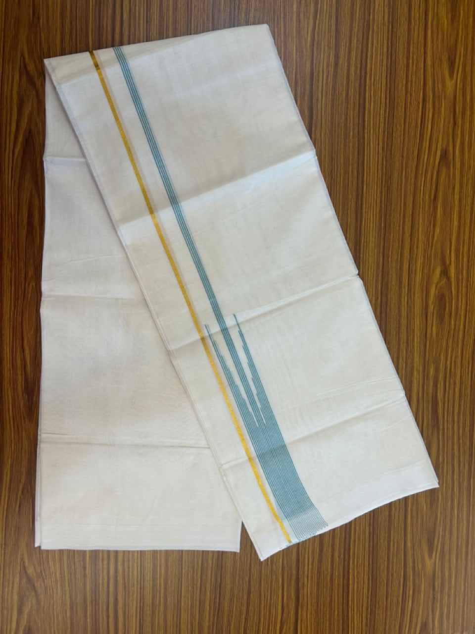 20% Discount ! Kaitharikada Balaramapuram 100% Pure Cotton Double Off white (Unbleached) Mundu/Dhoti - 100x80 - 1.5 inch Gold Kasav & Turqouise Shaded Stripes Chutty Kara - 19 KK5283 PMC