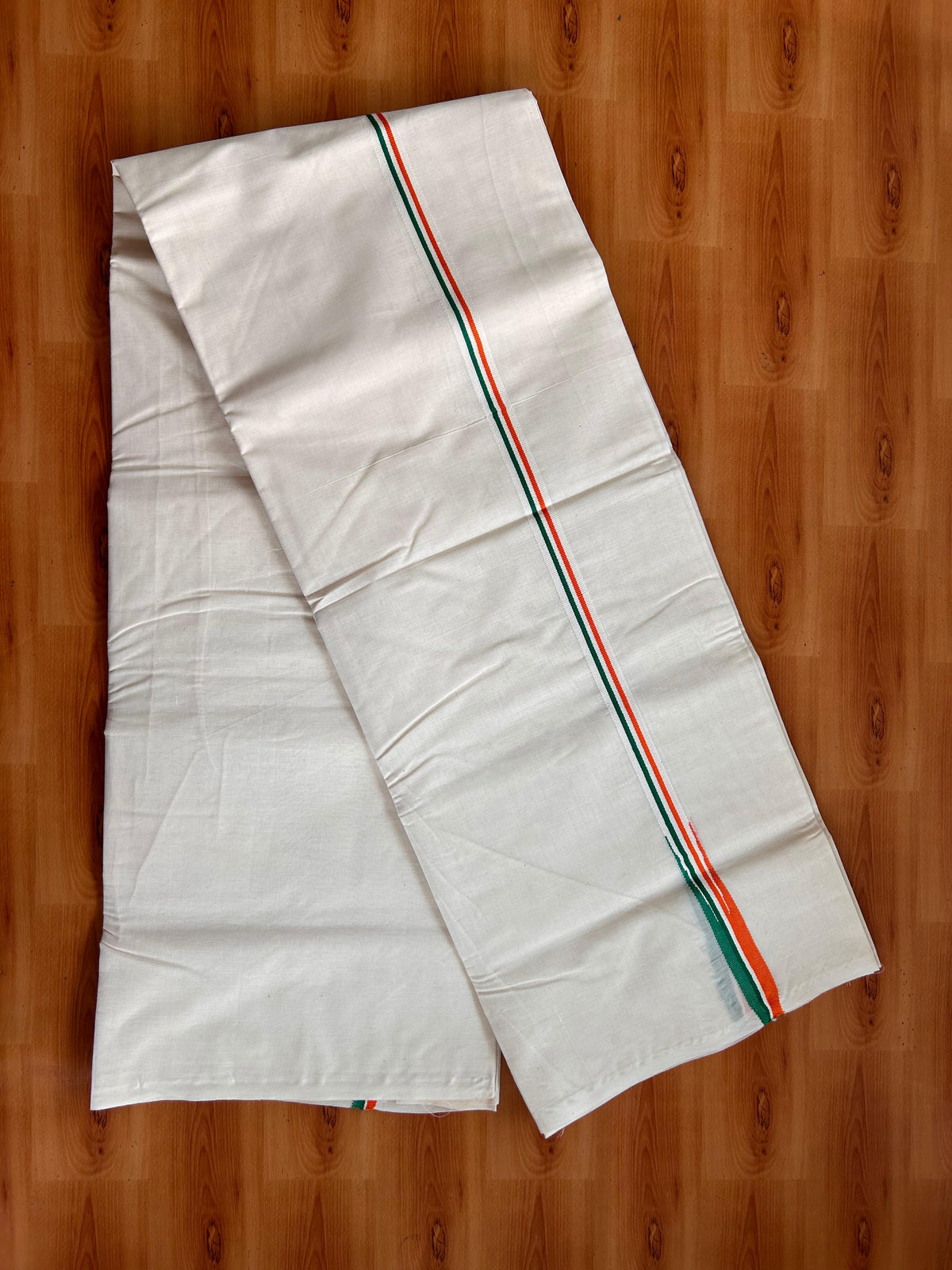 Congress Veshti - 20% Discount! KaithariKada Pulimood 100% Cotton Off White Double - (Unbleached) Mundu/Dhoti - 100X100 - 0.75 inch Puliyilakkara Orange White & Green Chutty Kara - 4Mtr (8.5 muzham) - 1 KK5539 ASH