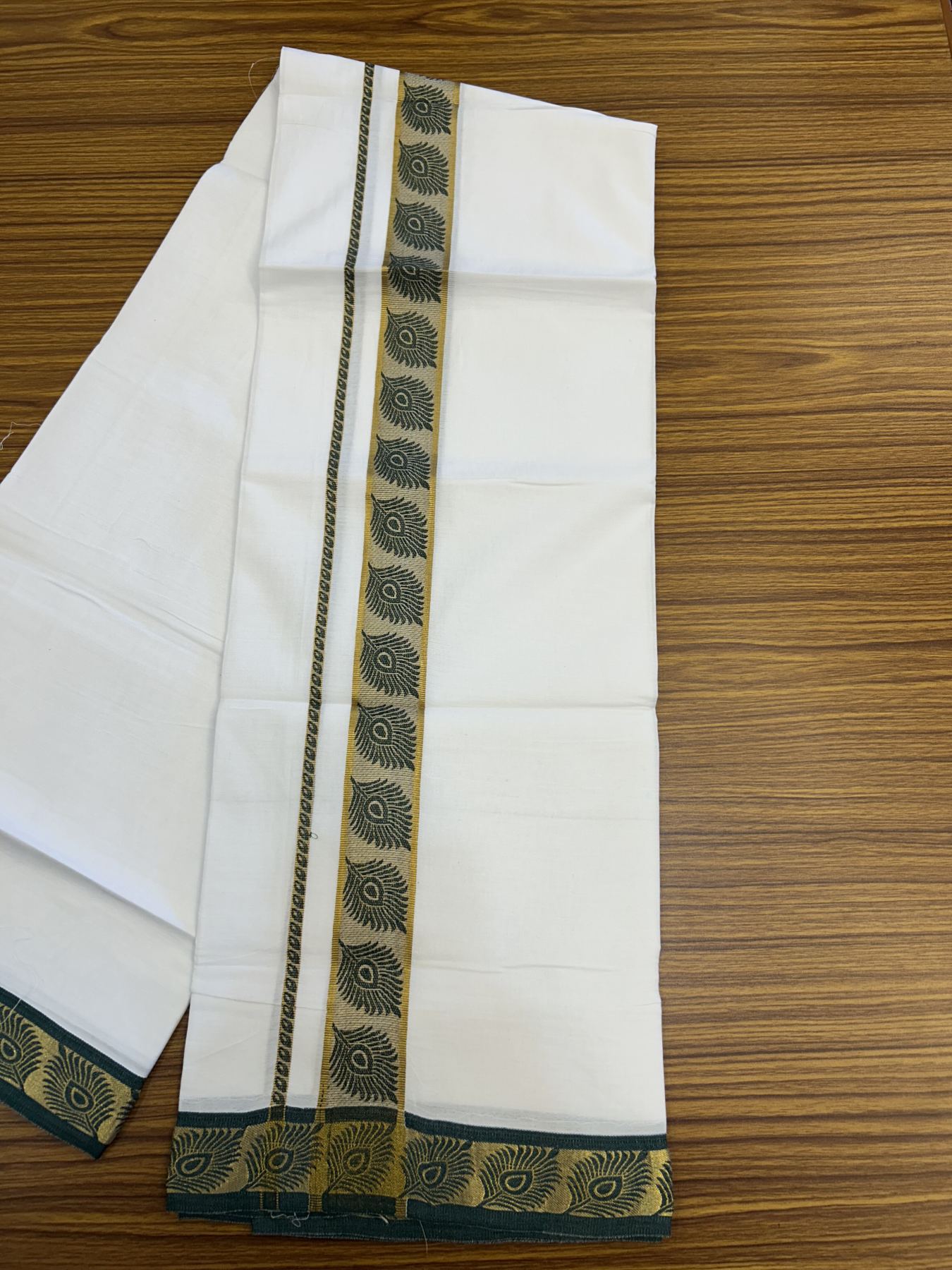20% Discount ! KaithariKada Balaramapuram 100% Cotton Single Pure White Mundu/Dhoti - 30X70 - 1.5 inch Gold Kasav & Green Peacock Feather Jacquard Design kara 1.90 mtr (4 Muzham) - 3 KK5321 CJT