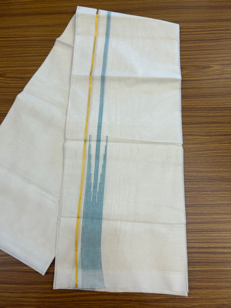 20% Discount ! Kaitharikada Balaramapuram 100% Pure Cotton Double Off white (Unbleached) Mundu/Dhoti - 100x80 - 1.5 inch Gold Kasav & Turqouise Shaded Stripes Chutty Kara - 19 KK5283 PMC