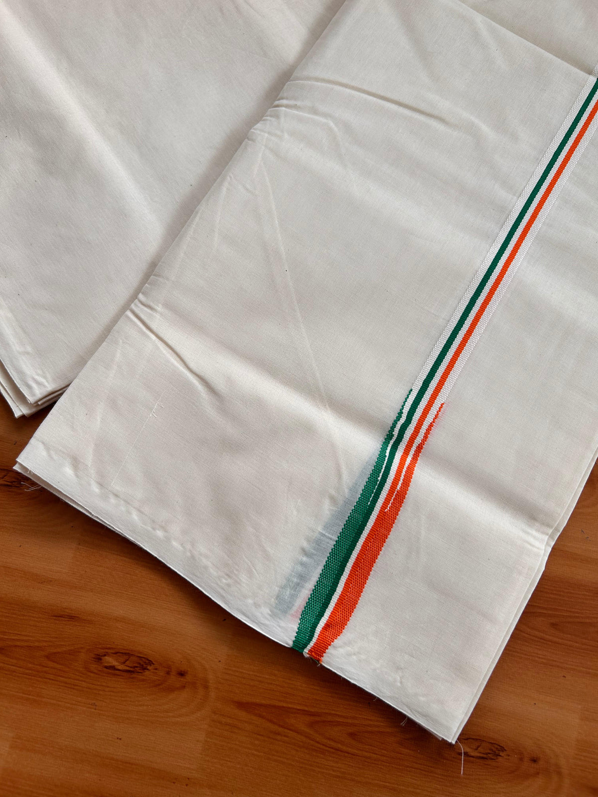 Congress Veshti - 20% Discount! KaithariKada Pulimood 100% Cotton Off White Double - (Unbleached) Mundu/Dhoti - 100X100 - 0.75 inch Puliyilakkara Orange White & Green Chutty Kara - 4Mtr (8.5 muzham) - 1 KK5539 ASH