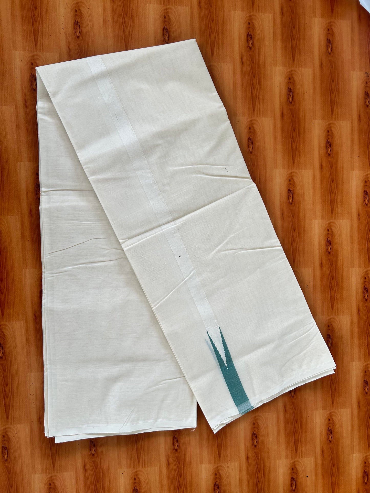 Double Off white Mundu/Dhoti - 20% Discount! KaithariKada Balaramapuram 100% Cotton - 100x100 - 1 inch Puliyilakkara Teal Blue Chutty Kara - 4 mtr (8.5 muzham) - 17 KK5420 ASH