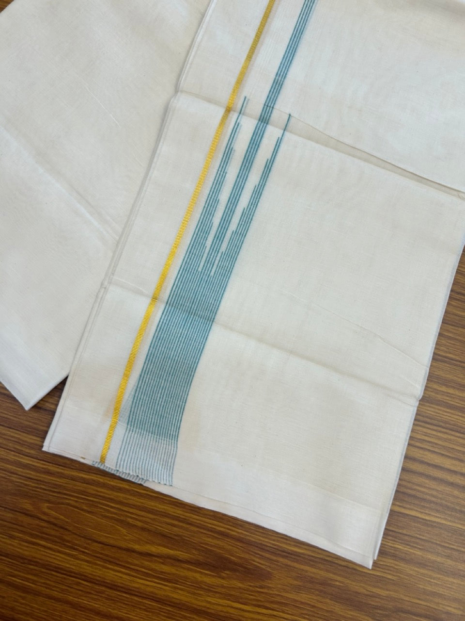 20% Discount ! Kaitharikada Balaramapuram 100% Pure Cotton Double Off white (Unbleached) Mundu/Dhoti - 100x80 - 1.5 inch Gold Kasav & Turqouise Shaded Stripes Chutty Kara - 19 KK5283 PMC