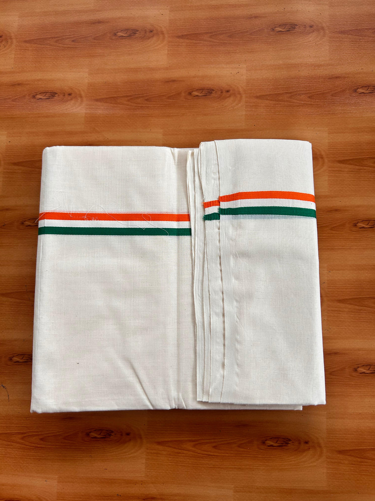 Congress Veshti - 20% Discount! KaithariKada Pulimood 100% Cotton Off White Double - (Unbleached) Mundu/Dhoti - 100X100 - 0.75 inch Orange White & Green Kara - 4Mtr (8.5 muzham) - 2 KK5539 ASH