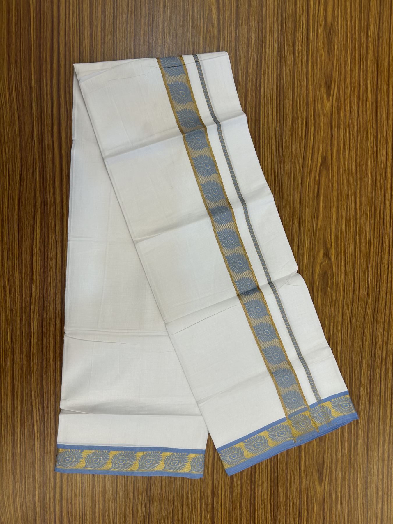 20% Discount ! KaithariKada Balaramapuram 100% Cotton Single Pure White Mundu/Dhoti - 30X70 - 1.5 inch Gold Kasav & Light Blue Peacock Feather Jacquard Design kara 1.90 mtr (4 Muzham) - 4 KK5321 CJT
