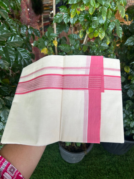 20% Discount! KaithariKada Balaramapuram Pure Cotton Double Off White Mundu/Dhoti - 100x80 - 1.75 Inch Silver Kasav & Pink Stripes Kara 4 mtr (8.5 Muzham) - 21 KK5284 PMC