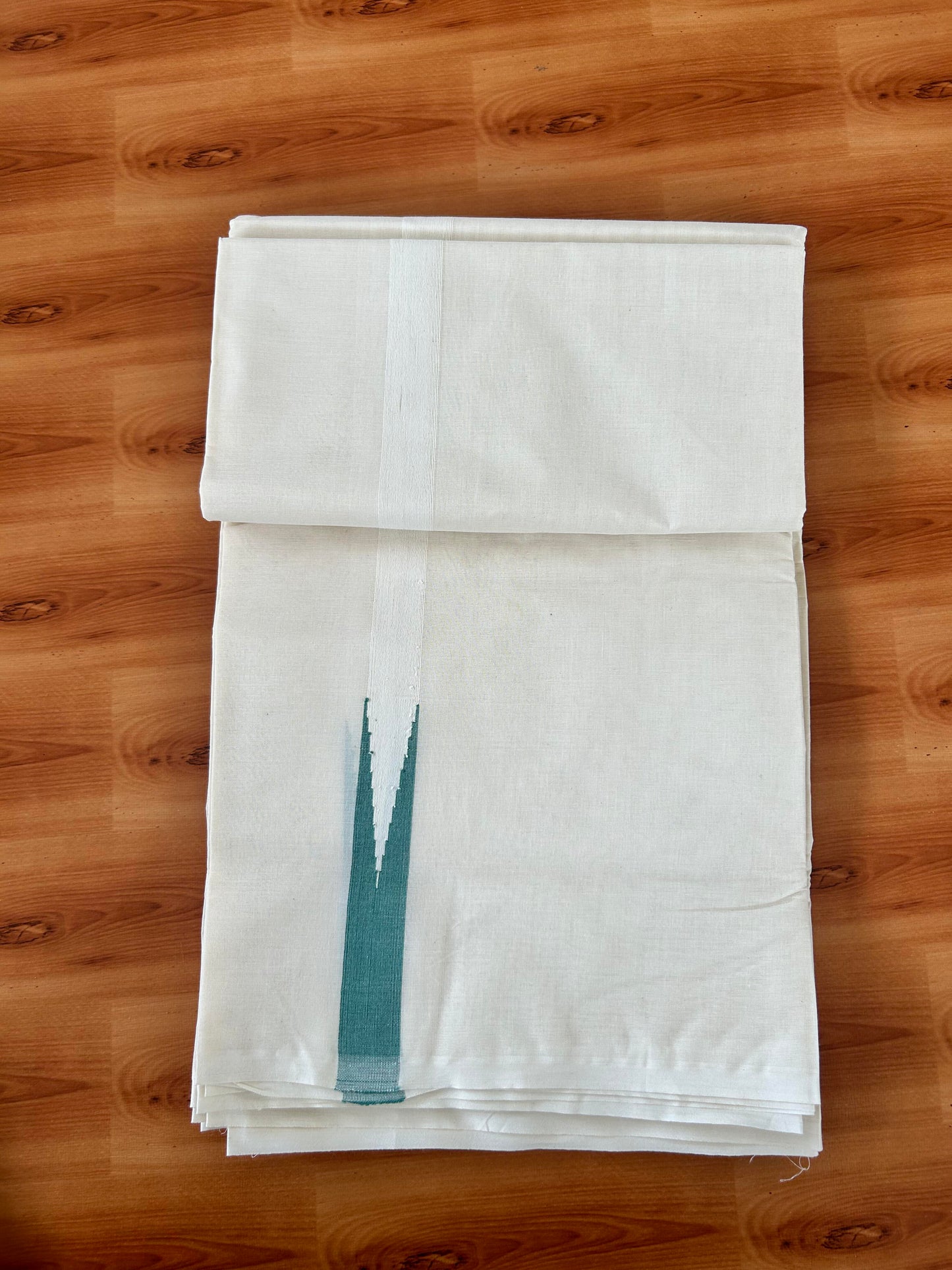 Double Off white Mundu/Dhoti - 20% Discount! KaithariKada Balaramapuram 100% Cotton - 100x100 - 1 inch Puliyilakkara Teal Blue Chutty Kara - 4 mtr (8.5 muzham) - 17 KK5420 ASH