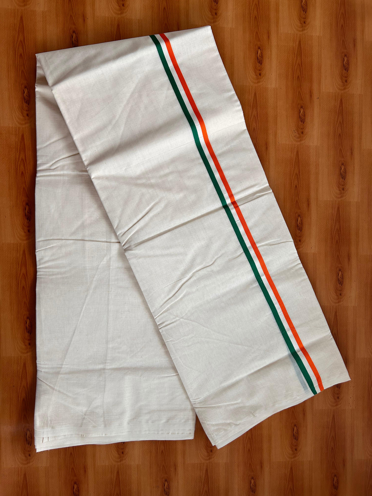 Congress Veshti - 20% Discount! KaithariKada Pulimood 100% Cotton Off White Double - (Unbleached) Mundu/Dhoti - 100X100 - 0.75 inch Orange White & Green Kara - 4Mtr (8.5 muzham) - 2 KK5539 ASH
