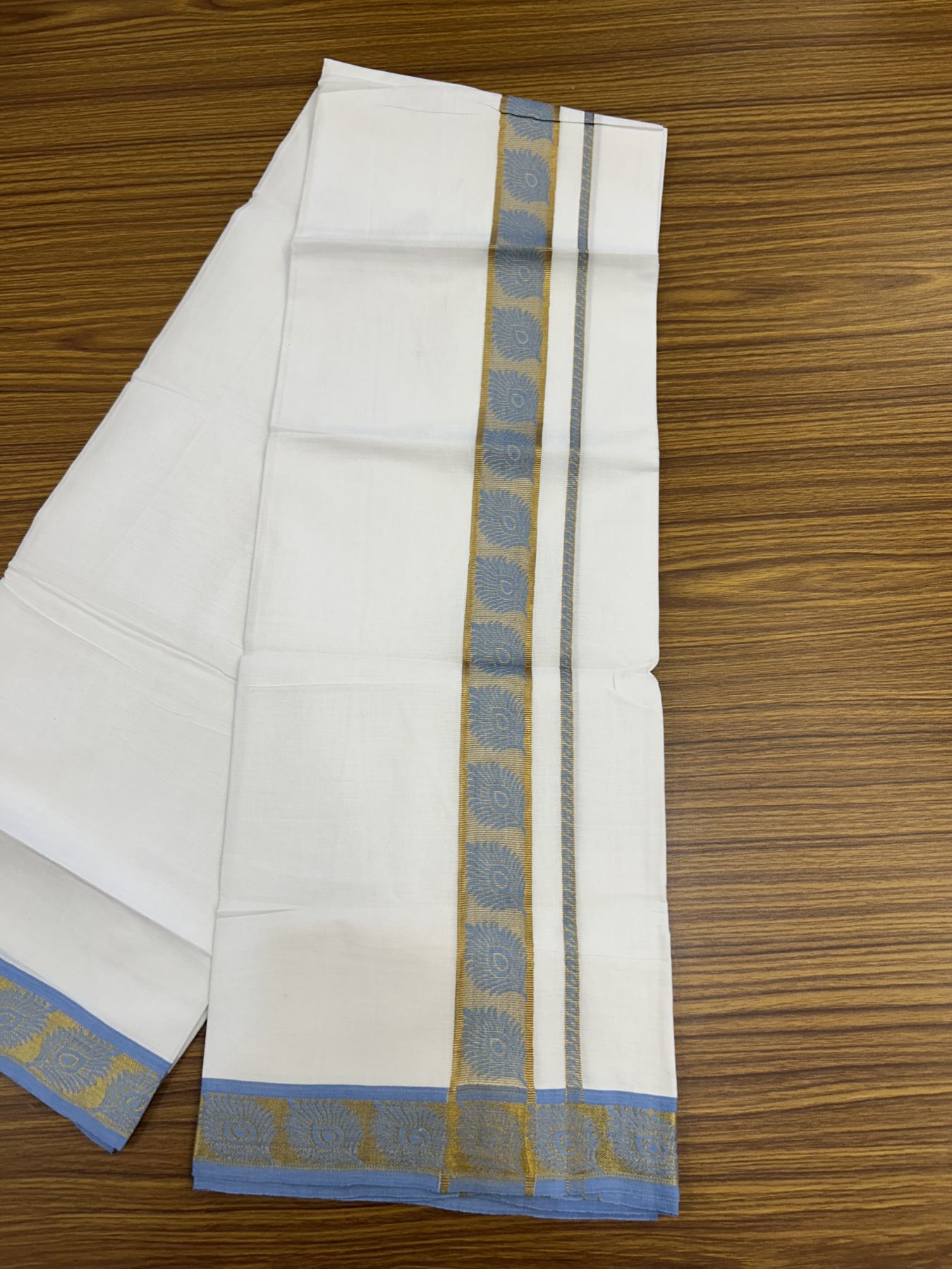 20% Discount ! KaithariKada Balaramapuram 100% Cotton Single Pure White Mundu/Dhoti - 30X70 - 1.5 inch Gold Kasav & Light Blue Peacock Feather Jacquard Design kara 1.90 mtr (4 Muzham) - 4 KK5321 CJT