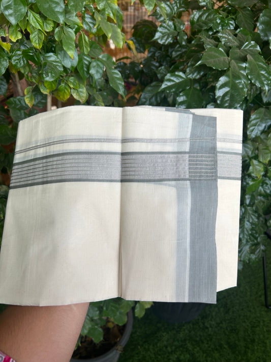 20% Discount! KaithariKada Balaramapuram Pure Cotton Double Off White Mundu/Dhoti - 100x80 - 1.75 Inch Silver Kasav & Grey Stripes Kara 4 mtr (8.5 Muzham) - 26 KK5284 PMC