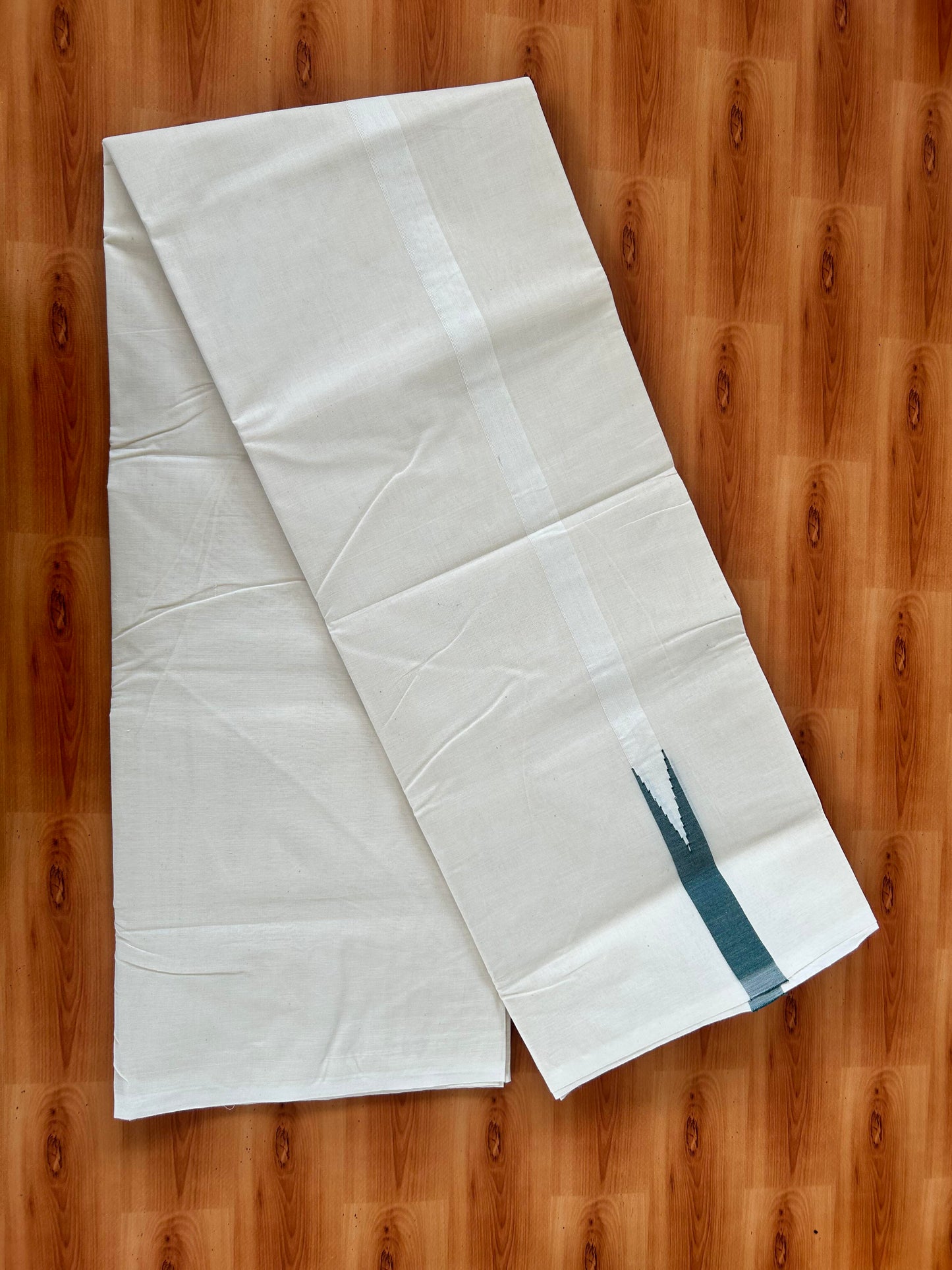 Double Off white Mundu/Dhoti - 20% Discount! KaithariKada Balaramapuram 100% Cotton - 100x100 - 1 inch Puliyilakkara Dark Green Chutty Kara - 4 mtr (8.5 muzham) - 10 KK5420 ASH