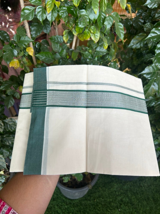 20% Discount! KaithariKada Balaramapuram Pure Cotton Double Off White Mundu/Dhoti - 100x80 - 1.75 Inch Silver Kasav & Dark Green Stripes Kara 4 mtr (8.5 Muzham) - 18 KK5284 PMC