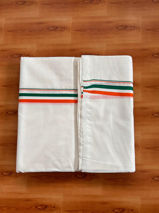 Congress Veshti - 20% Discount! KaithariKada Pulimood 100% Cotton Off White Double - (Unbleached) Mundu/Dhoti - 100X100 - 0.75 inch Orange White & Green Kara - 4Mtr (8.5 muzham) - 3 KK5539 ASH