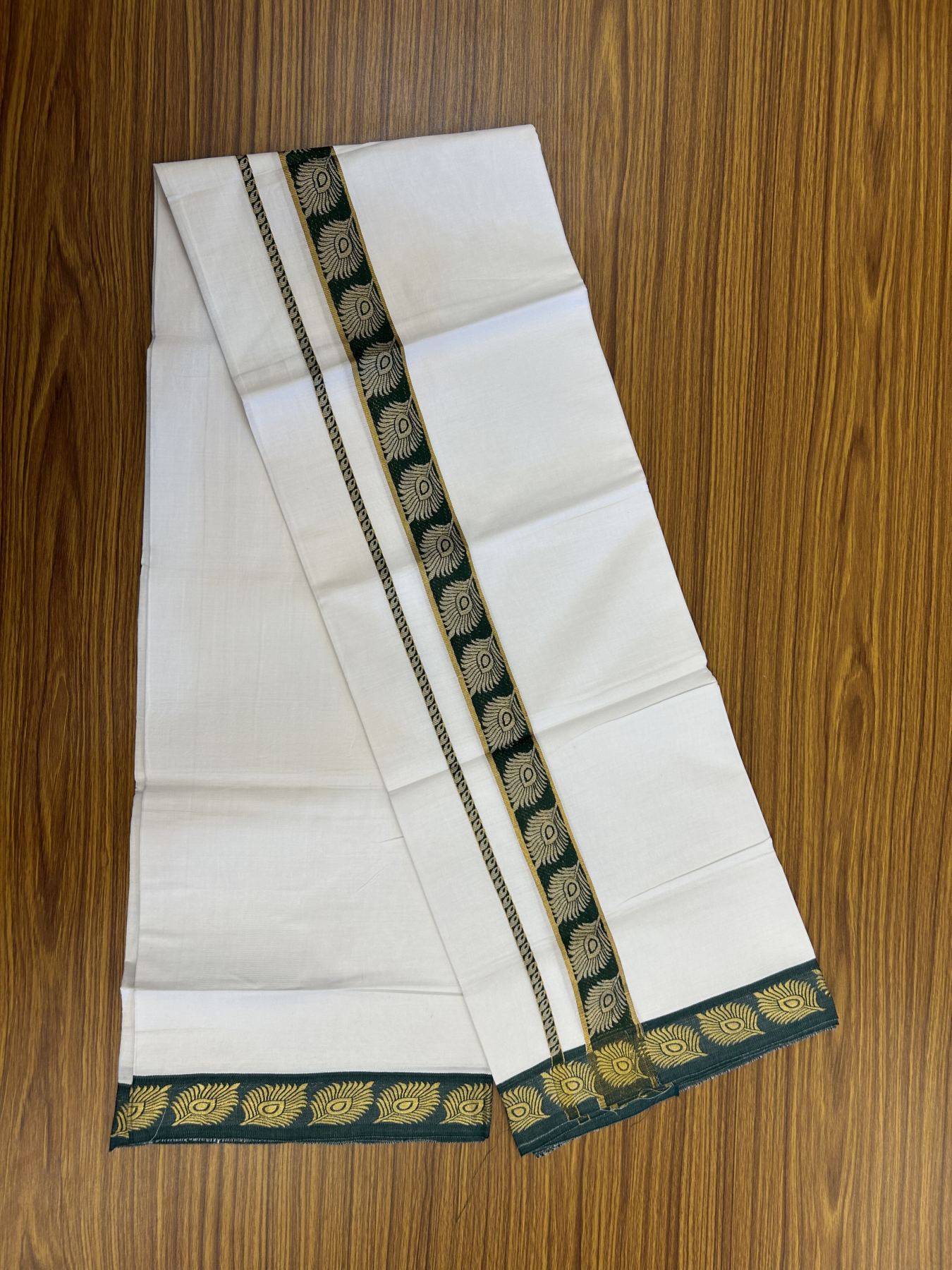 20% Discount ! KaithariKada Balaramapuram 100% Cotton Single Pure White Mundu/Dhoti - 30X70 - 1.5 inch Gold Kasav & Green Peacock Feather Jacquard Design kara 1.90 mtr (4 Muzham) - 5 KK5321 CJT