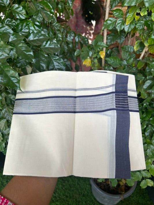 20% Discount! KaithariKada Balaramapuram Pure Cotton Double Off White Mundu/Dhoti - 100x80 - 1.75 Inch Silver Kasav & Navy Blue Stripes Kara 4 mtr (8.5 Muzham) - 25 KK5284 PMC