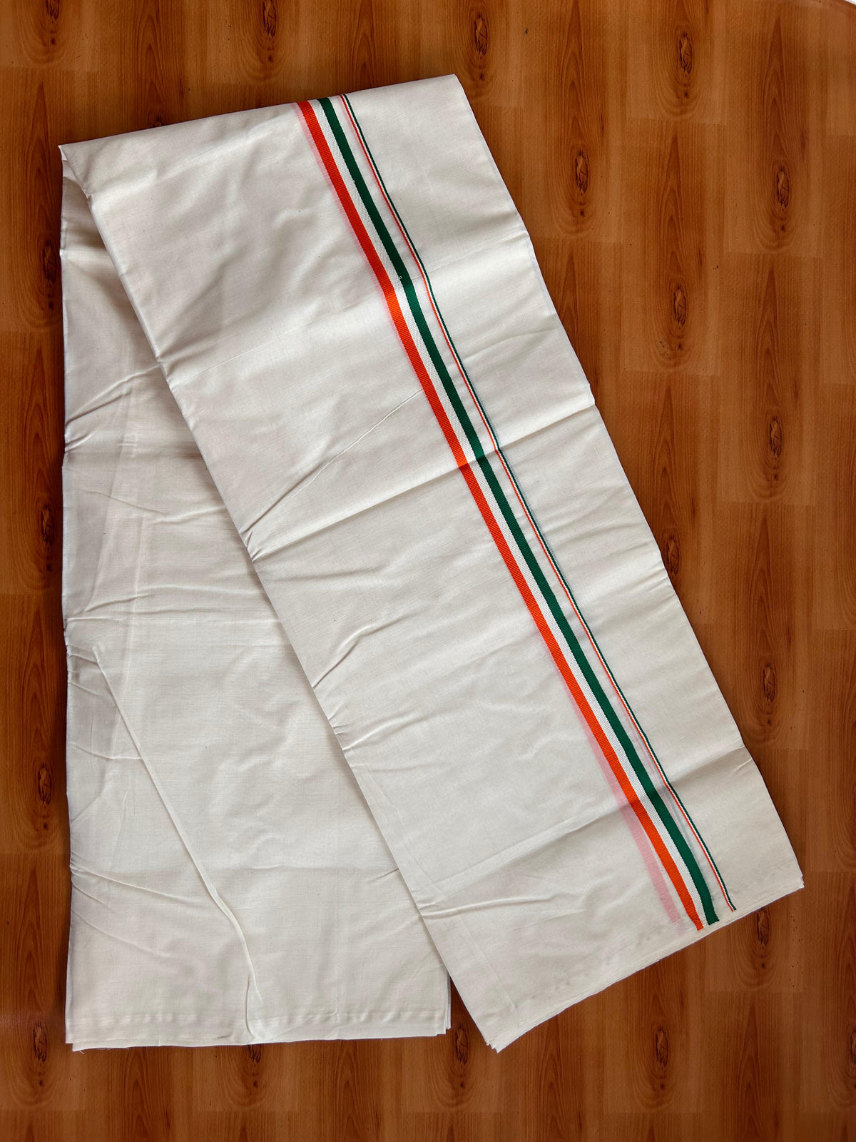 Congress Veshti - 20% Discount! KaithariKada Pulimood 100% Cotton Off White Double - (Unbleached) Mundu/Dhoti - 100X100 - 0.75 inch Orange White & Green Kara - 4Mtr (8.5 muzham) - 3 KK5539 ASH