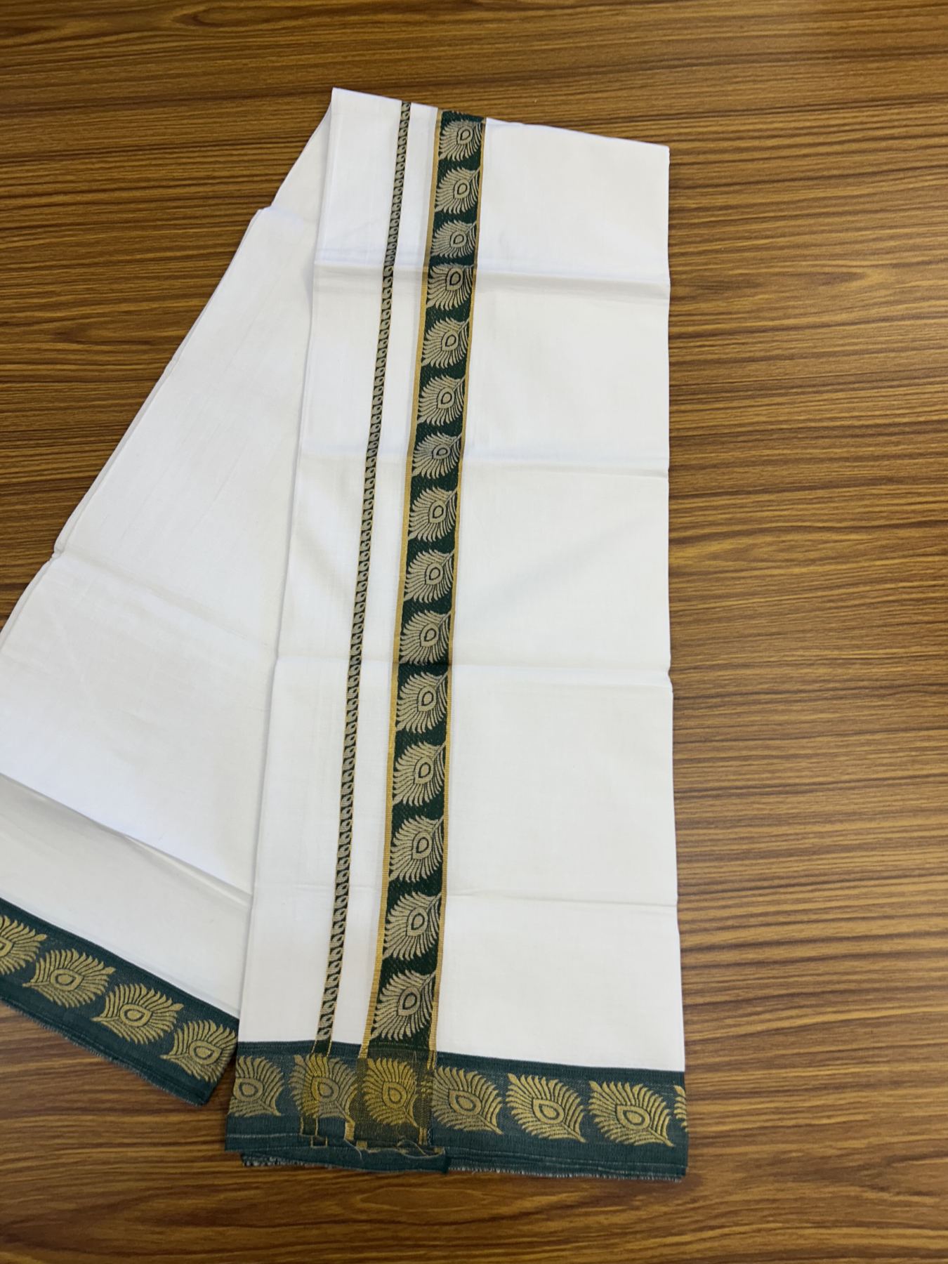 20% Discount ! KaithariKada Balaramapuram 100% Cotton Single Pure White Mundu/Dhoti - 30X70 - 1.5 inch Gold Kasav & Green Peacock Feather Jacquard Design kara 1.90 mtr (4 Muzham) - 5 KK5321 CJT