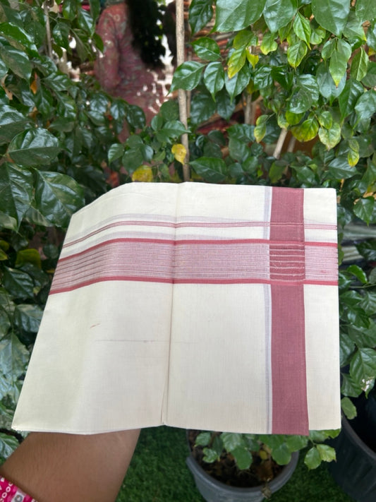 20% Discount! KaithariKada Balaramapuram Pure Cotton Double Off White Mundu/Dhoti - 100x80 - 1.75 Inch Silver Kasav & Dusty Peach Stripes Kara 4 mtr (8.5 Muzham) - 22 KK5284 PMC