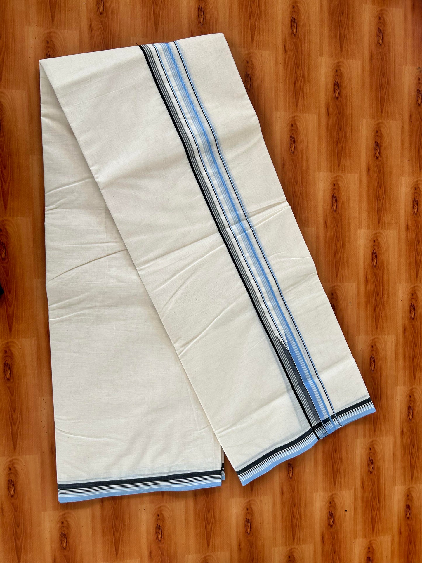 20% Discount! KaithariKada Balaramapuram 100% Cotton Double Off white Mundu/Dhoti- 100x100 - 1.5 inch Puliyilakkara Blue & Black Chutty Kara - 4 mtr (8.5 muzham) - 3 KK5420 ASH
