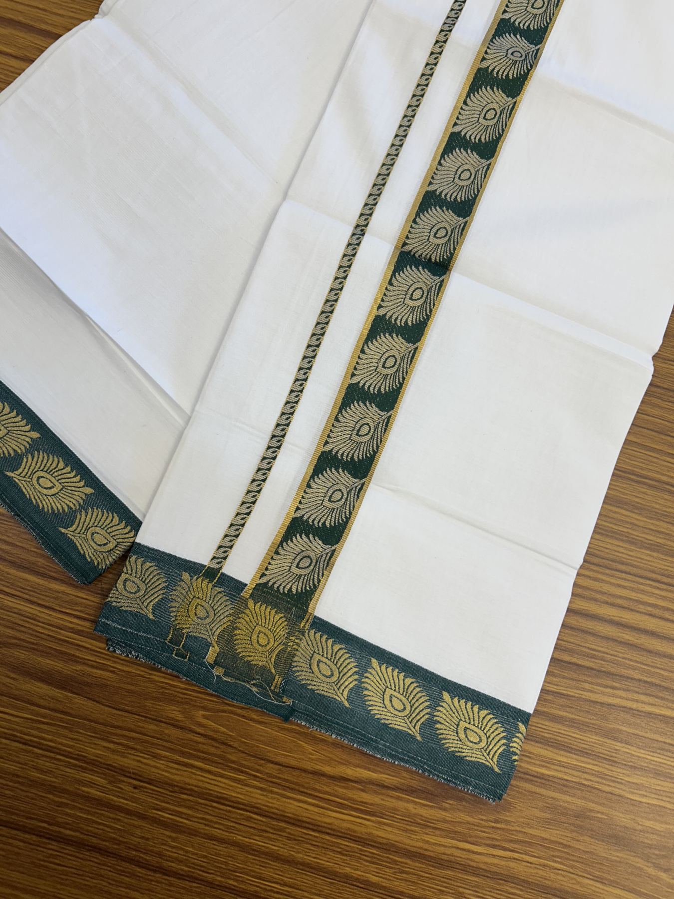 20% Discount ! KaithariKada Balaramapuram 100% Cotton Single Pure White Mundu/Dhoti - 30X70 - 1.5 inch Gold Kasav & Green Peacock Feather Jacquard Design kara 1.90 mtr (4 Muzham) - 5 KK5321 CJT