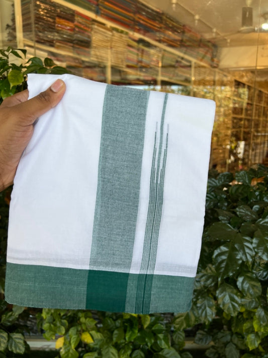 20% Discount! KaithariKada Balaramapuram 100% Cotton Double Pure white Mundu/Dhoti- 60s - 2.25 inch Bottle Green One Side Chutty kara - 3.90mtr ( 8 muzham) - 83 KK5279 CKS