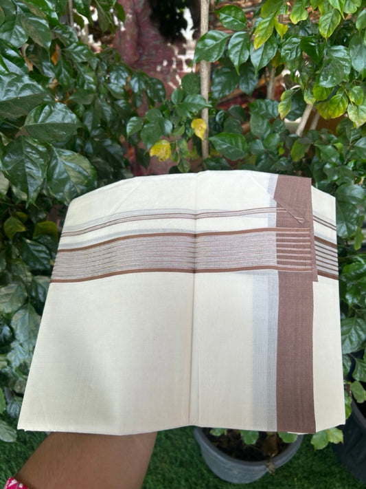 20% Discount! KaithariKada Balaramapuram Pure Cotton Double Off White Mundu/Dhoti - 100x80 - 1.75 Inch Silver Kasav & Brown Stripes Kara 4 mtr (8.5 Muzham) - 20 KK5284 PMC