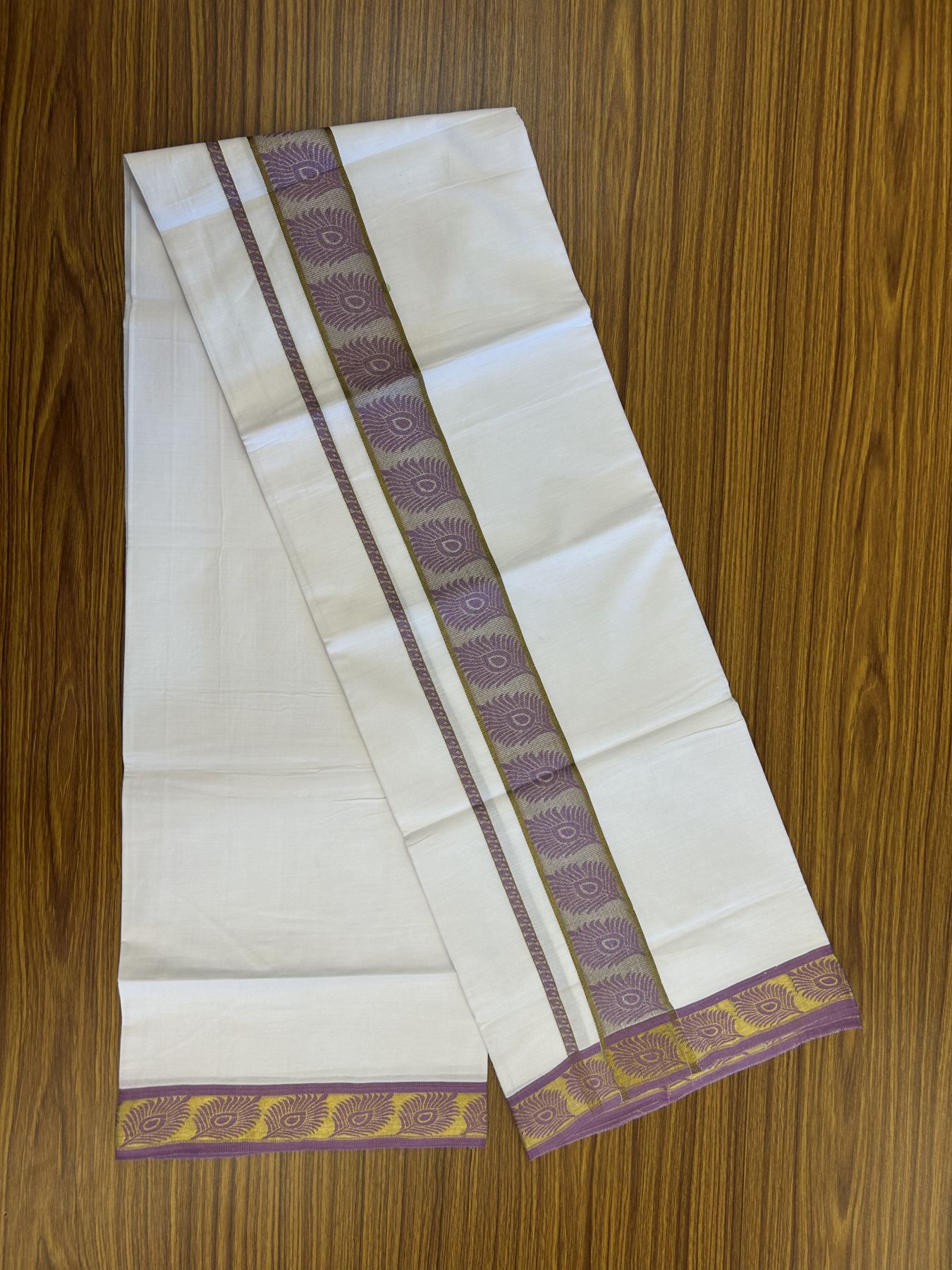20% Discount ! KaithariKada Balaramapuram 100% Cotton Single Pure White Mundu/Dhoti - 30X70 - 1.5 inch Gold Kasav & Lavender Magenta Peacock Feather Jacquard Design kara 1.90 mtr (4 Muzham) - 6 KK5321 CJT