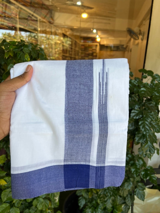 20% Discount! KaithariKada Balaramapuram 100% Cotton Double Pure white Mundu/Dhoti- 60s - 2.25 inch Navy Blue One Side Chutty kara - 3.90mtr ( 8 muzham) - 79 KK5279 CKS